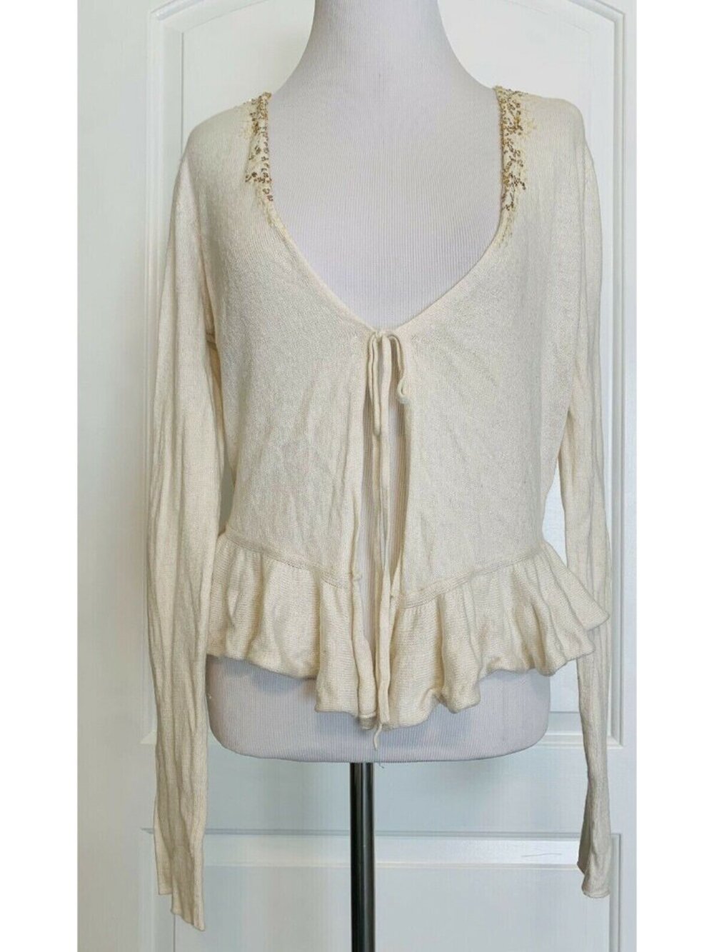 MICHAEL KORS Ivory Open Front Tie Cardigan Wrap Sweater Sequin Petite REPAIRED M